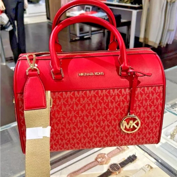 Michael Kors Jet Set Travel Medium Duffle Bag Satchel Bright Red NEW